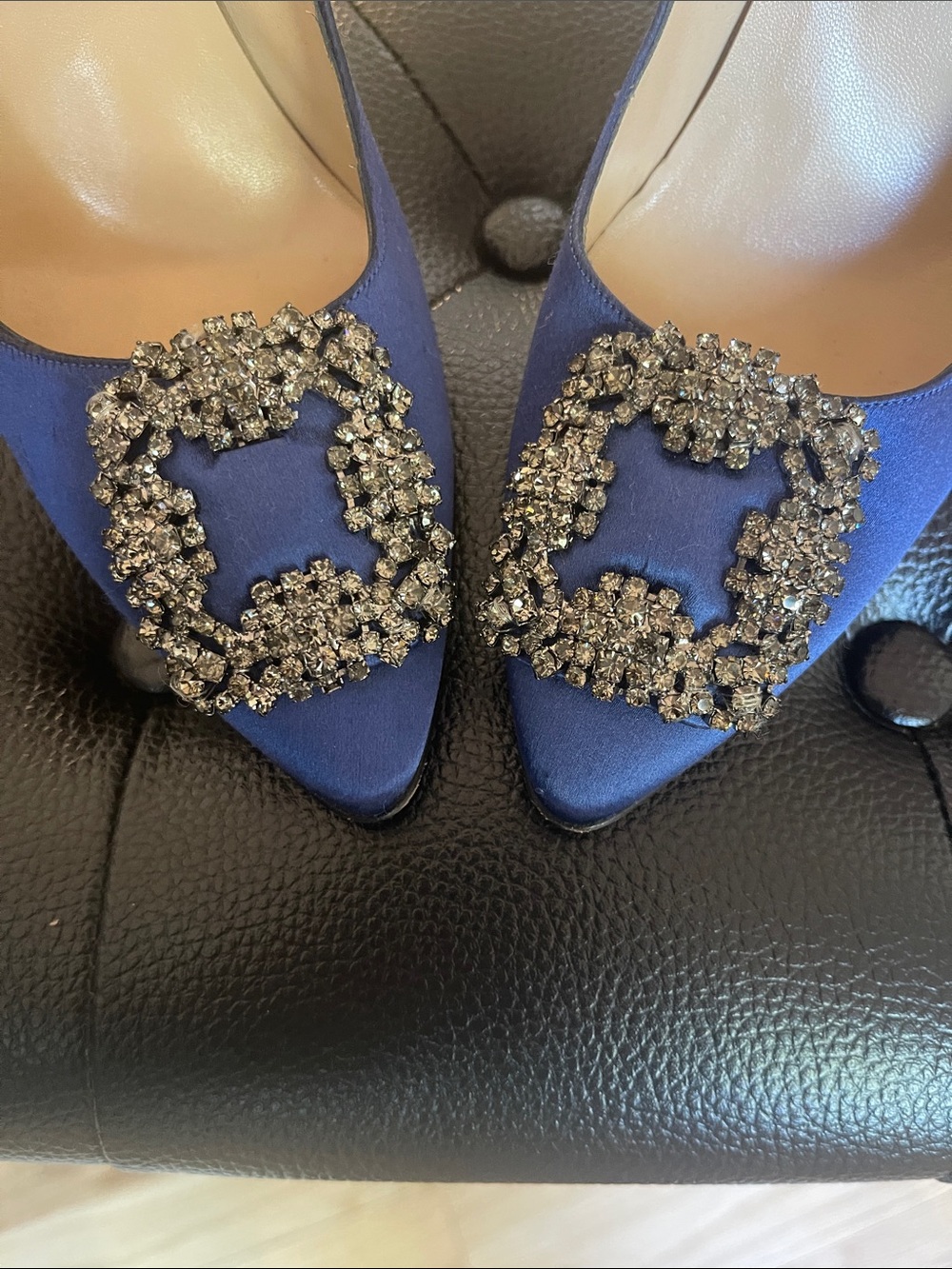 Manolo Blahnik Royal Blue Satin Pointed Toe Pumps with Crystal Buckle - Picture 6 of 11